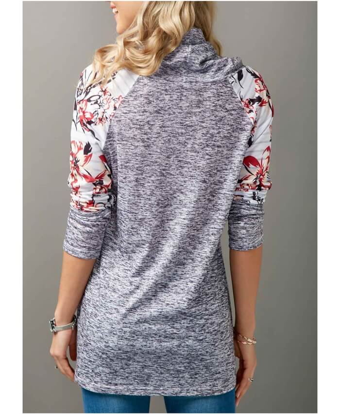 Patchwork Cowl Neck Flower Print T Shirt